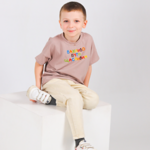 Дитяча oversize футболка "Бути щасливим" вишитий малюнок, Какао, 92 (2 роки)