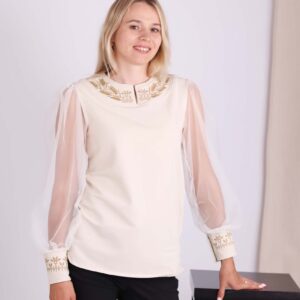 Блуза вишиванка жіноча "Колоски" з фатиновим рукавом, Капучіно, S