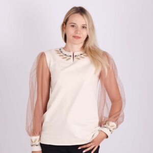 Блуза вишиванка жіноча "Ластівка" фатиновий рукав, Крем-брюле, S