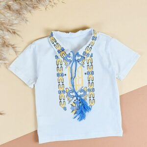 Футболка вишиванка "Тризуб" жовто-блакитний , Білий, 134 (9 років)