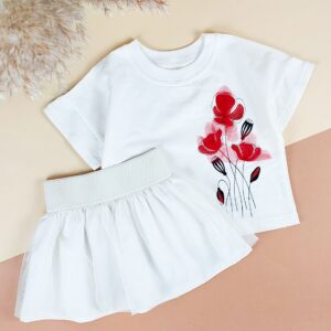 Комплект спідниця + футболка "Маки" для дівчат, Молочний, 98 (3 роки)