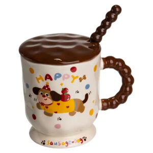Новорічна порцелянова чашка "Весела Такса" з кришкою та ложкою 400 мл, Святкова кружка чашка для дітей на подарунок FM-17A