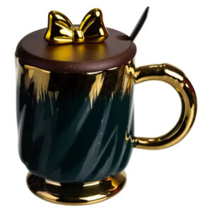 Новорічна порцелянова чашка «Золотий Вихор» 450 мл з кришкою і ложкою Yiwu FM-23A