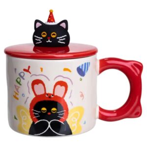 Кубок порцелянова з кришкою Kitten's Birthday 400 (мл) подарункова кружка прикольна чашка для дітей на подарунок Червоний FM-24D