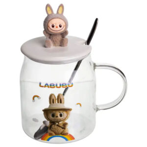 Новорічна велика скляна чашка "Лабубу" з кришкою та ложкою 600 мл Коричневий FM-56C