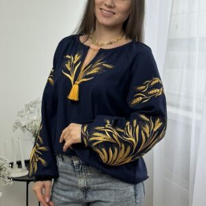 "Колоски" жіноча вишиванка в синьому кольорі