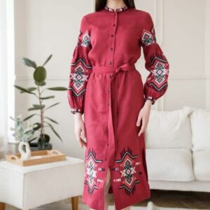 "Folk" жіноча лляна сукня - вишиванка у бордовому кольорі