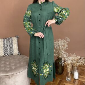 "Folk" жіноча лляна сукня - вишиванка в зеленому кольорі