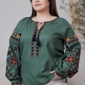 "Різнокольоровий орнамент" жіноча зелена вишиванка