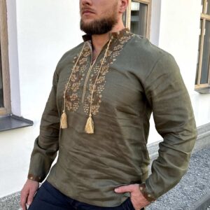 "Дубочки" чоловіча вишиванка у кольорі хакі
