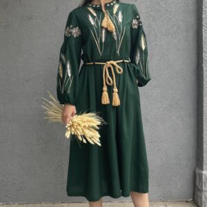 "Подолянка" сукня вишиванка в зеленому кольорі з колосками