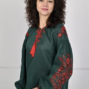 "Квітучий сад" жіноча лляна вишиванка в зеленому кольорі
