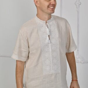 "Бежевий льон" чоловіча вишиванка з білою вишивкою