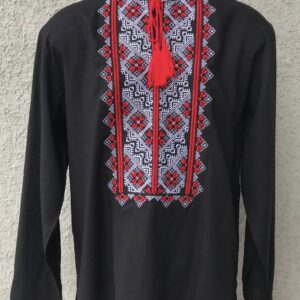 "Чорний льон" чоловіча вишиванка з червоно-білим орнаментом