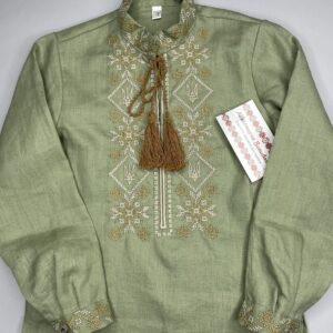 "Оливковий льон" вишиванка для хлопчика з тризубом