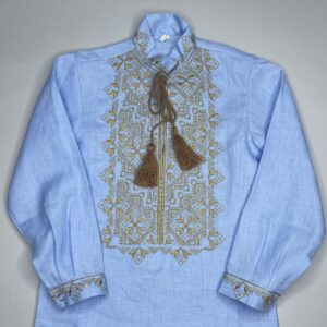 "Блакитний льон" вишиванка для хлопчика з коричневим орнаментом