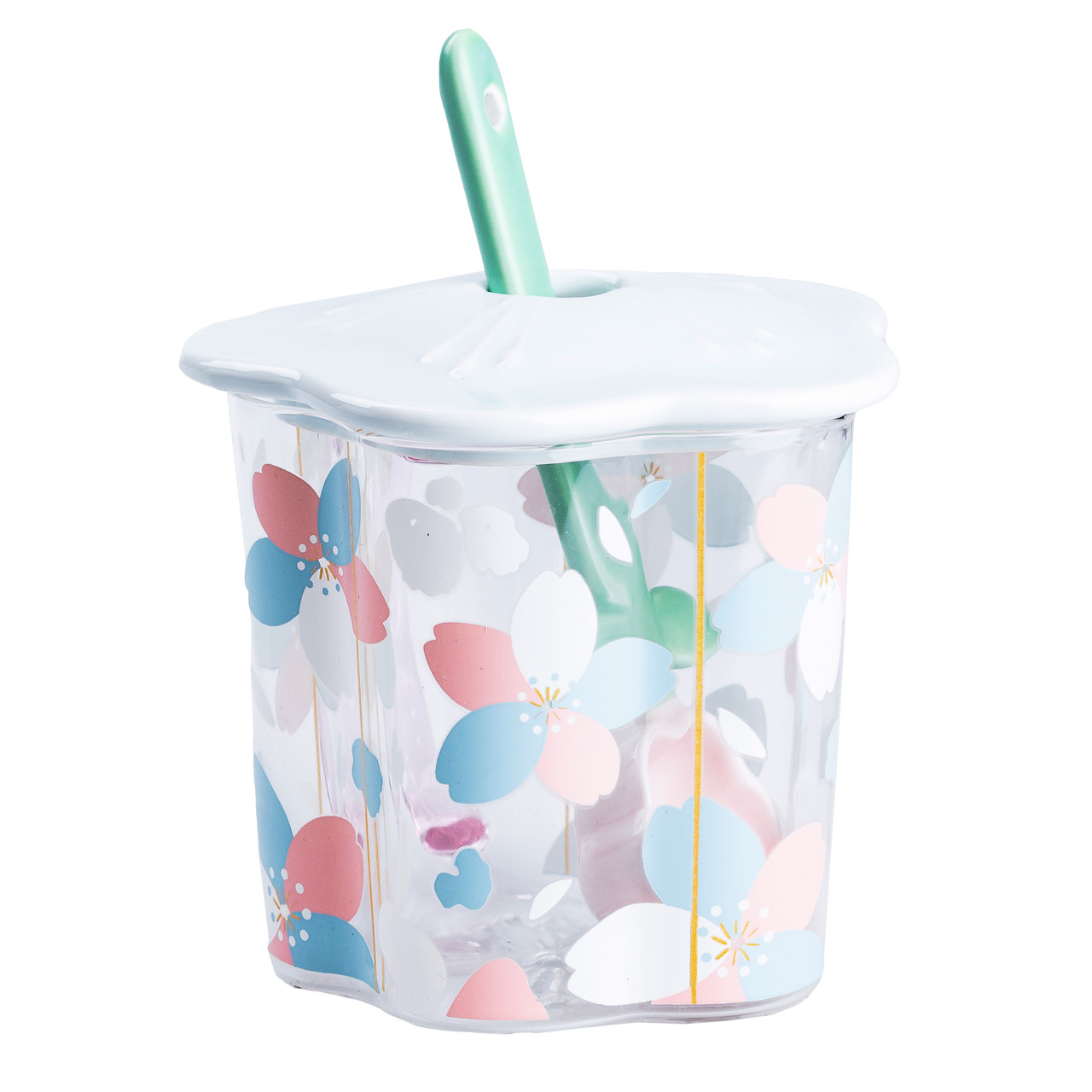 Чашка скляна 500 мл з ложкою та кришкою Блакитний HP7213BL