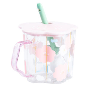Чашка скляна 500 мл з ложкою і кришкою Рожевий HP7213P