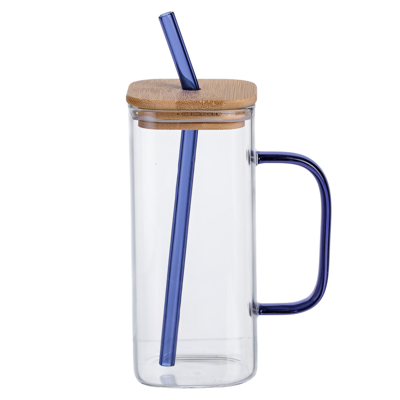 Скляна чашка 400 мл з бамбуковою кришкою і синьою трубочкою HP-19-146BL